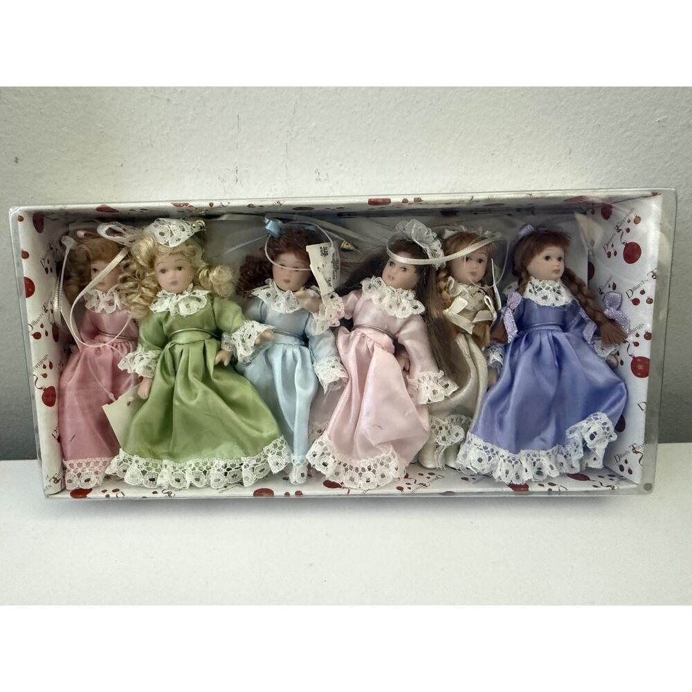 Vintage Dillard's Trimmings Victorian Dressed Porcelain Doll Ornaments Set of 6